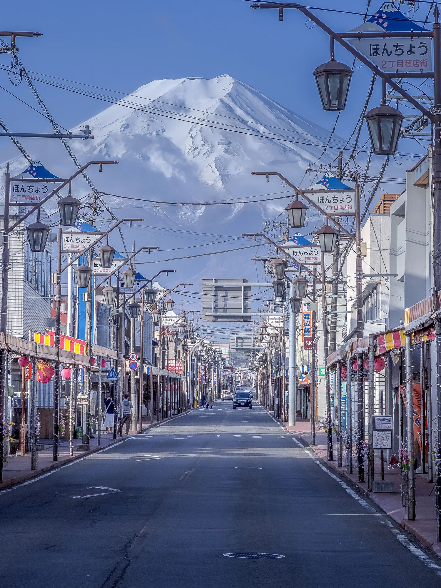 Fujiyoshida street with view of Mount Fuji